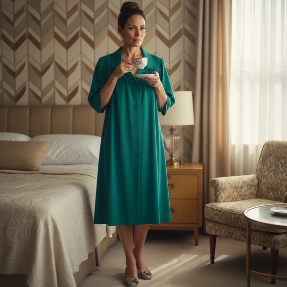 Vintage Vanity Fair Women's Green Button House Dress Nightgown Robe - Picture 2 of 12